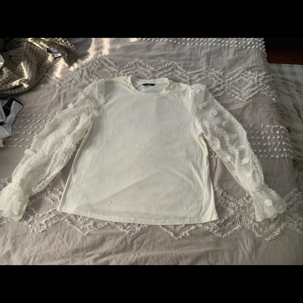 SHEIN White Flounce Jacquard Sleeve Solid Top